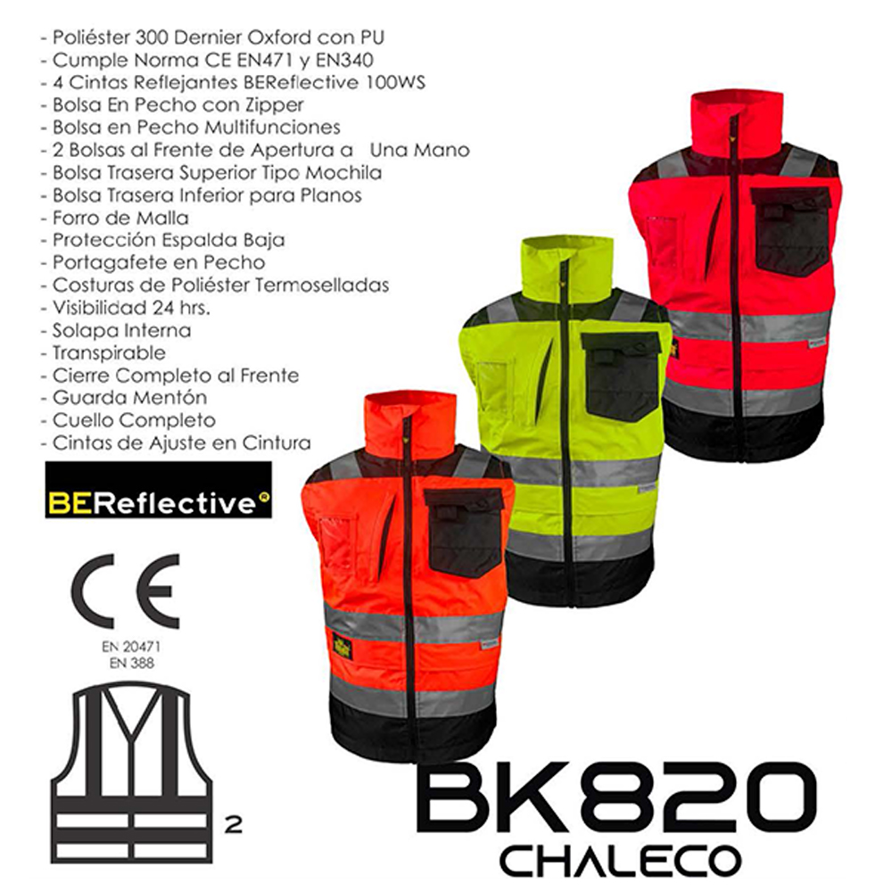 Chaleco Alta Visibilidad BERSERKER BK820 | Certificado CE EN471 | Multibolsillos y Cintas Reflectantes