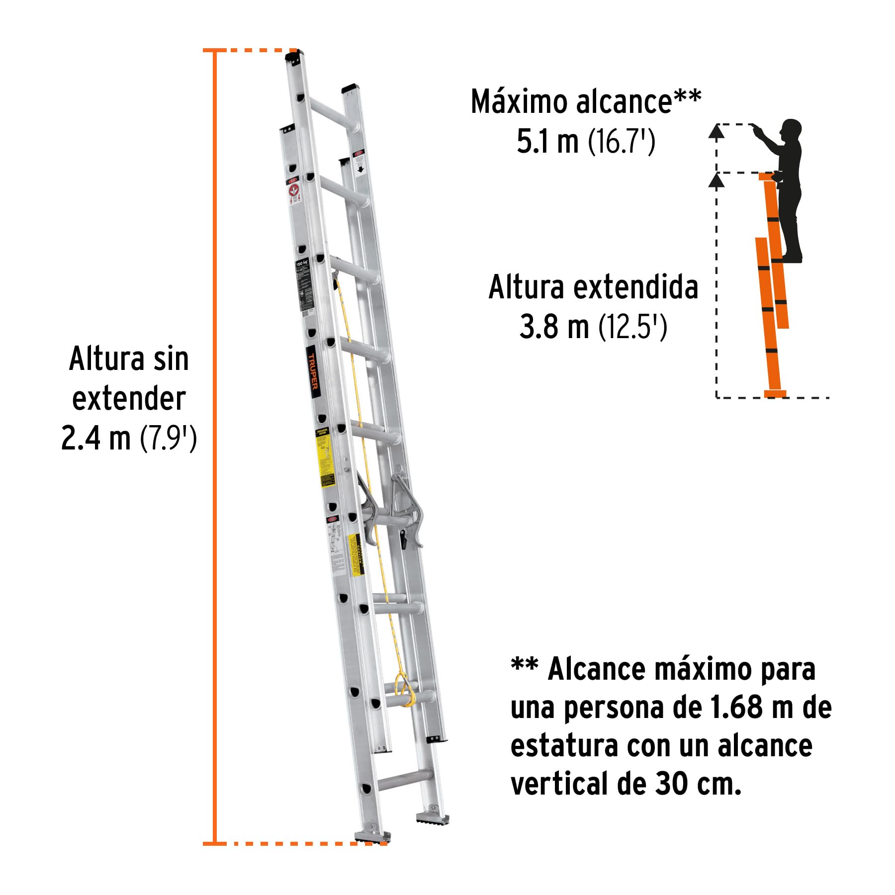 Escalera de Extensión Truper ESE-16 Tipo III 16 Peldaños – Altura Segura - Imagen 2